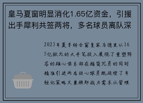 皇马夏窗明显消化1.65亿资金，引援出手犀利共签两将，多名球员离队深化阵容变革